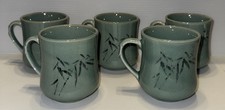 Set Of 5 Vintage Korean Celadon Mug Green Crackle Glaze Hand Painted Bamboo picture