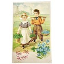 1900's Antique Collectible Valentines Post card Dutch Kids Carrying Flowers picture
