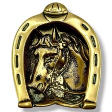 Vintage Solid Brass HORSE Head Horseshoe Jockey Cap Ashtray Trinket Dish EUC picture