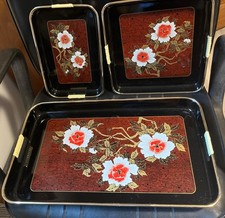 VTG Toyo Japan Black Lacquered Serving Trays Floral Design 3 Pc Set  Laquerware picture