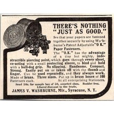 James V Washburne Patent OK Paper Fasteners Syracuse NY 1906 Clipping SAI6-S31 picture