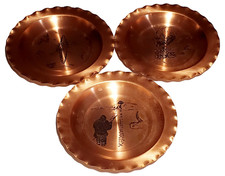 3 Solid Copper Ruffled Dishes Eskimos Boat Dogs Mountains Copperware Canada Vtg picture