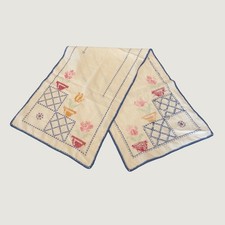 Vtg Hand Embroidered Floral Cross Stitch Table Runner Blue Crochet Edge 40x13 picture