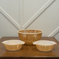 Fire King Peach Luster 8” Swirl Pattern Mixing Bowl & 2 Round Casserole Dish Set picture