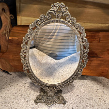 Ornate Vintage-Style Oval Tabletop Vanity Mirror with Stand, Silver Tone picture