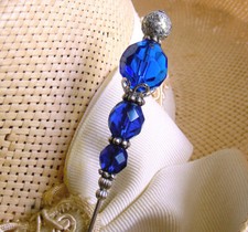 HATPIN with CLASSY DARK BLUE CRYSTALS on SILVER FINISH SETTING 8