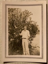 Vintage Photo 1930s Man Posing With Tree Flowers Black & White 3.75