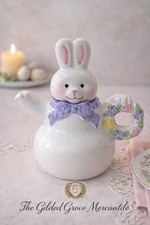 Hallmark Bunny Teapot Easter Spring Wreath Ceramic Rabbit Teapot w Lid 7” NEW picture