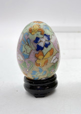 Cloisonne Metal Enamel Floral Egg On Wood Stand Multi-Color Small Decor picture