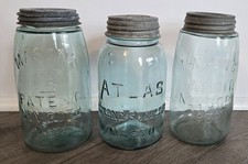 Antique Aqua Mason Jars Lot 3 Hero Cross 1858 Atlas Strong Shoulder Zinc Lids picture