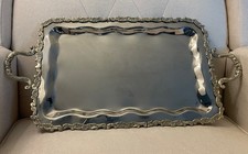 Vintage Ornate Silver Tone Serving Tray Floral Scroll Handles Hollywood Regency picture