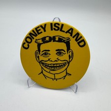 Vintage Coney Island Smiling Face Souvenir Pinback Button Yellow Black Badge NYC picture