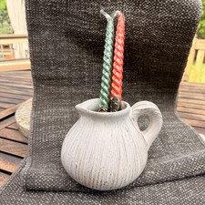 Textured White Glazed Ceramic Pitcher Bulbous Body Artist Signed picture