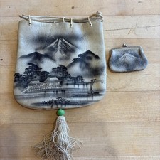 Vintage Japanese Handpainted Suede Leather Pouch & Change Purse Mt. Fuji Rare. picture