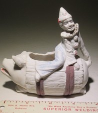 Vintage bisque pig in barrel with clown vase picture