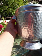 VTG Art Deco Hammered Aluminum Ice Bucket W/ Floral Shape Handles & Lid Top picture