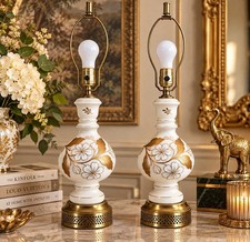 Pair Vintage 1950s Hollywood Regency Satin Glass Floral Table Lamps Gold White picture