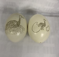 Natural Ostrich Egg Shell Hand Carved Etched Ostrich Decor 5.5” H 2-pc picture