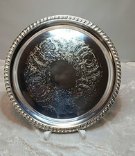 Vtg Leonard Silverplate Round Serving Platter Chased Floral Bar Tray Gadroon 12
