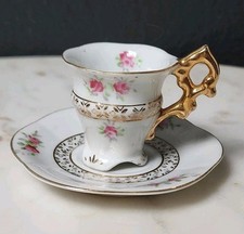 Antique 1920s 30s Japan Miniature Tea Cup Saucer Pink Roses Ornate Gold Handle picture