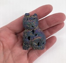 51 gram Rainbow Aura Sphalerite Druzy Kitty Cat Carving 2” High Carved Figure picture