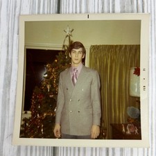Vintage 1971 Color Photo Square Picture Good Looking Guy in Suit at Christmas picture