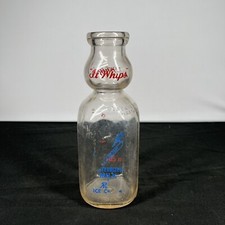 Vintage Sanitary’s IT WHIPS 1 QT Clear Glass Milk Bottle Red Blue picture