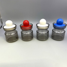Vtg 4 MCM Storage Jars Desk Organization Red Blue White Ball Lids Retro *Read picture