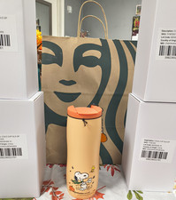 Starbucks Beige Travel Tumbler w/ Orange Lid & Siren Logo Paper Shopping Bag picture
