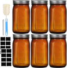 32 Oz Amber Glass Mason Jars 6 Pack, Wide Mouth Airtight Lids with Bands | picture