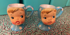 Rare 1950s Napco Miss Cutie Pie Blue Egg Cup Pair Vintage Kitchen Kitsch picture