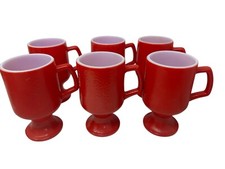 Set Of 6 Vintage Hazel Atlas Red Orange Peel Textured Milk Glass Pedestal Mugs picture