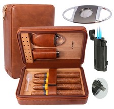 AMANCY Elegant Handmade Brown Leather Cedar Wood Lined 4 Cigar Humidor Case w... picture