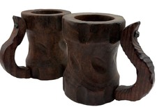 VTG 2 MEDIEVAL WOODEN MUGS Viking Tankard Iron Peg Brutalist Carved Wood Stein picture