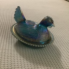 Vintage Carnival Glass Hen on Nest Covered Dish Blue Iridescent Indiana Glass picture