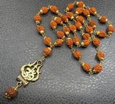 Rudraksha Seed Bead Mala Necklace Om Pendant Prayer Shiva Boho Gold Tone picture