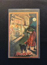 Halloween Tuck 160 #3 p213 Witch Cat Owl Looking in Window Postcard picture