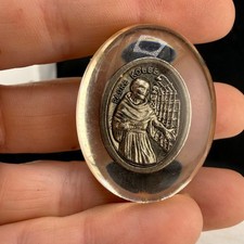 Vintage Padre Kolbe Religious Medal Silver Tone Lucite Italy Oval READ picture