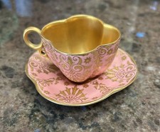 Antique England Coalport Demitasse Mini Teacup Saucer Pink With Gold Details. picture