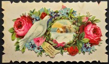 Victorian Die-Cut Scrap Card – Dove, Roses & Winter Scene –