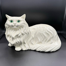 Vintage Large Persian Cat Ceramic Statue MCM Style Long Hair Green Eyes picture