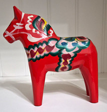 Nils Olsson Swedish Hand Painted Wood Dala Horse Figurine Red 6in 1976 picture