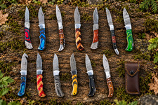 Handmade Damascus Folding Knife Lot of 13 | Assorted Wood Handles  Leather Sheat picture