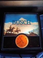 Vintage Busch Beer Lighted Sign Clock Western Cowboy Mountain Bar Decor Works picture