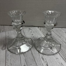 Vintage Clear Glass Candlestick Holders Pair Hexagon Art Deco Style 4” Tall picture