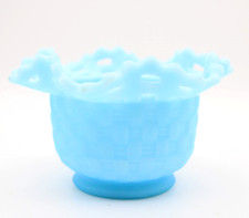 FENTON Blue Satin Custard Weave Basket Glass Bowl w/ Lace Edge & Sticker picture