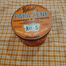 Vintage Reliable Para- zene orange moth tin  empty Halloween decor picture