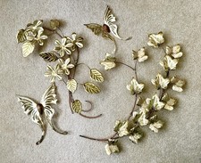 2 Vtg MCM Metal Brass Copper Leaf Branches Wall Hanging Art Decor & Butterflies picture