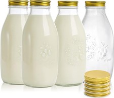 4 Pack 32 Oz Glass Milk Bottle with Lids, Vintage Milk Container for Refrigerato picture