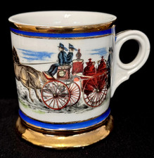Vtg CERAMIC Shaving MUG w/ AMERICAN Horse Drawn FIRE WAGON GOLD & Blue DETAILS picture